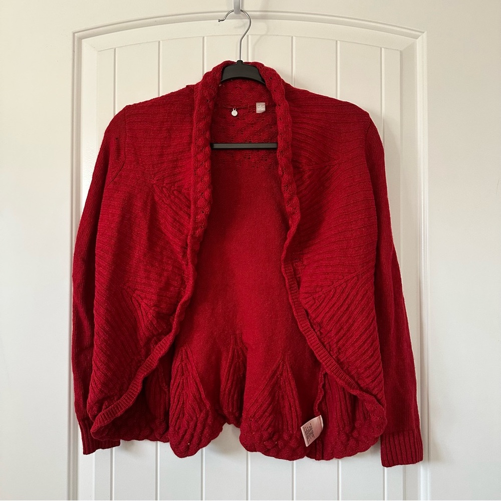 Anthropologie Knitted & Knotted Red Knit Cardigan with Scalloped Hem